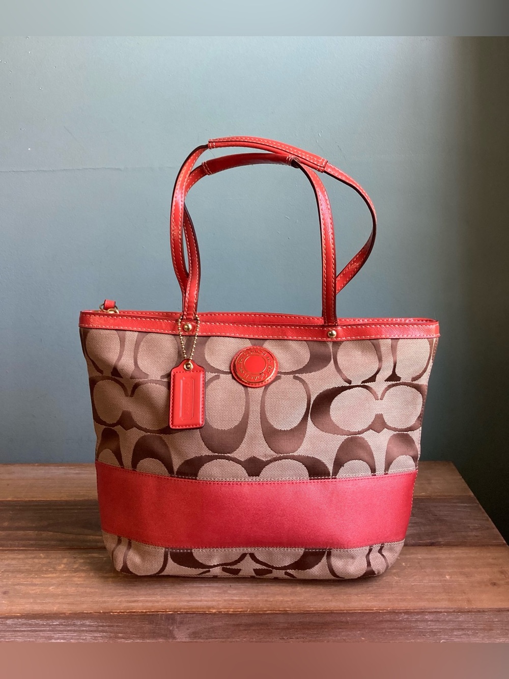 Y2K Coach Signature Stripe Canvas Leather Tote Bag F19046